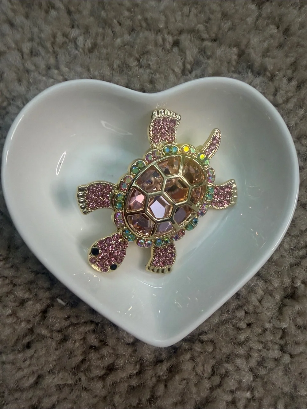Gold Turtle Brooch with Pink and Iridescent Crystals